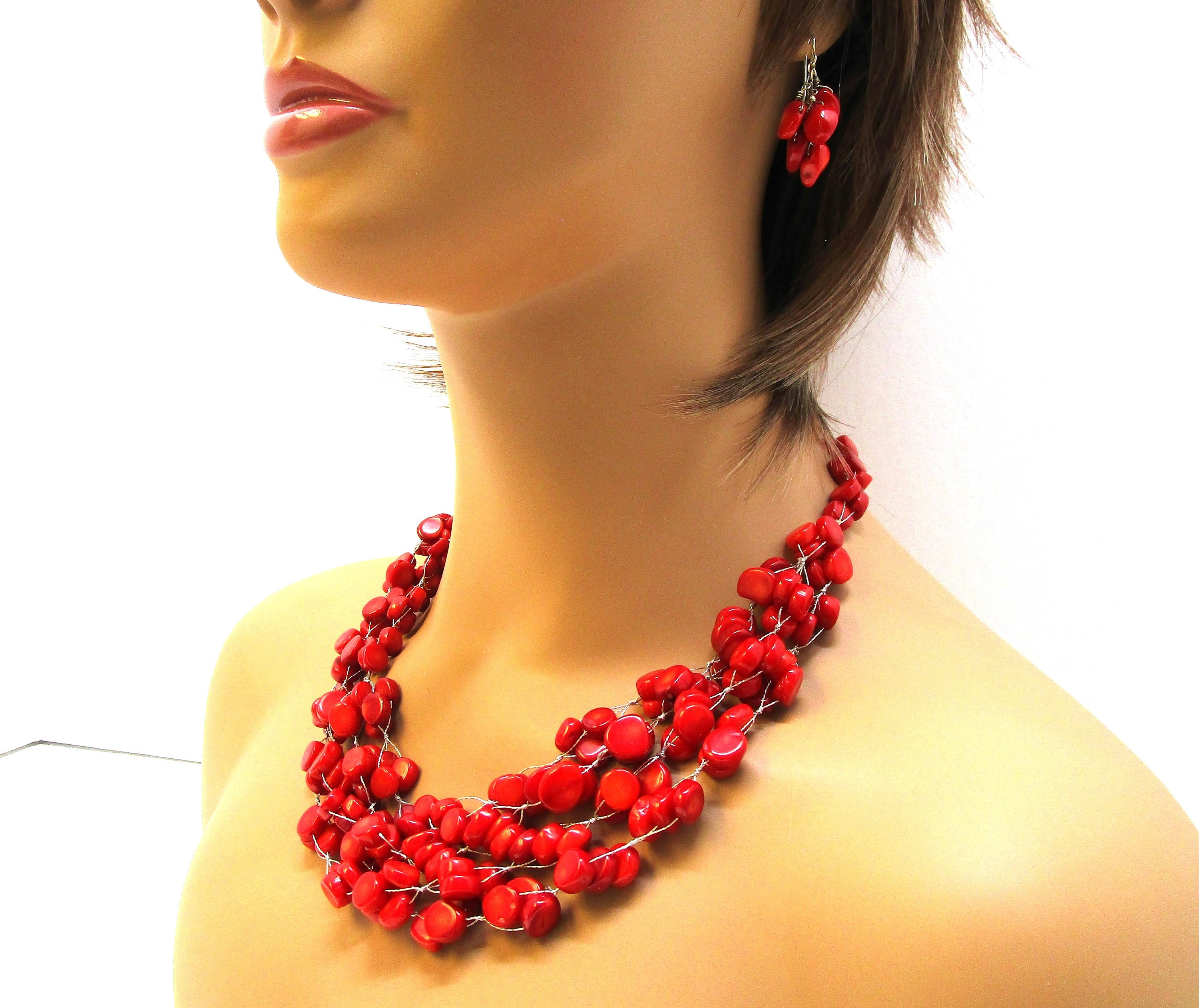 Orecchini di corallo rosso Lucas Lameth Collana di corallo Set 925 Collana di corallo a 4 fili Collana di corallo a grappolo sterling Collana con bava