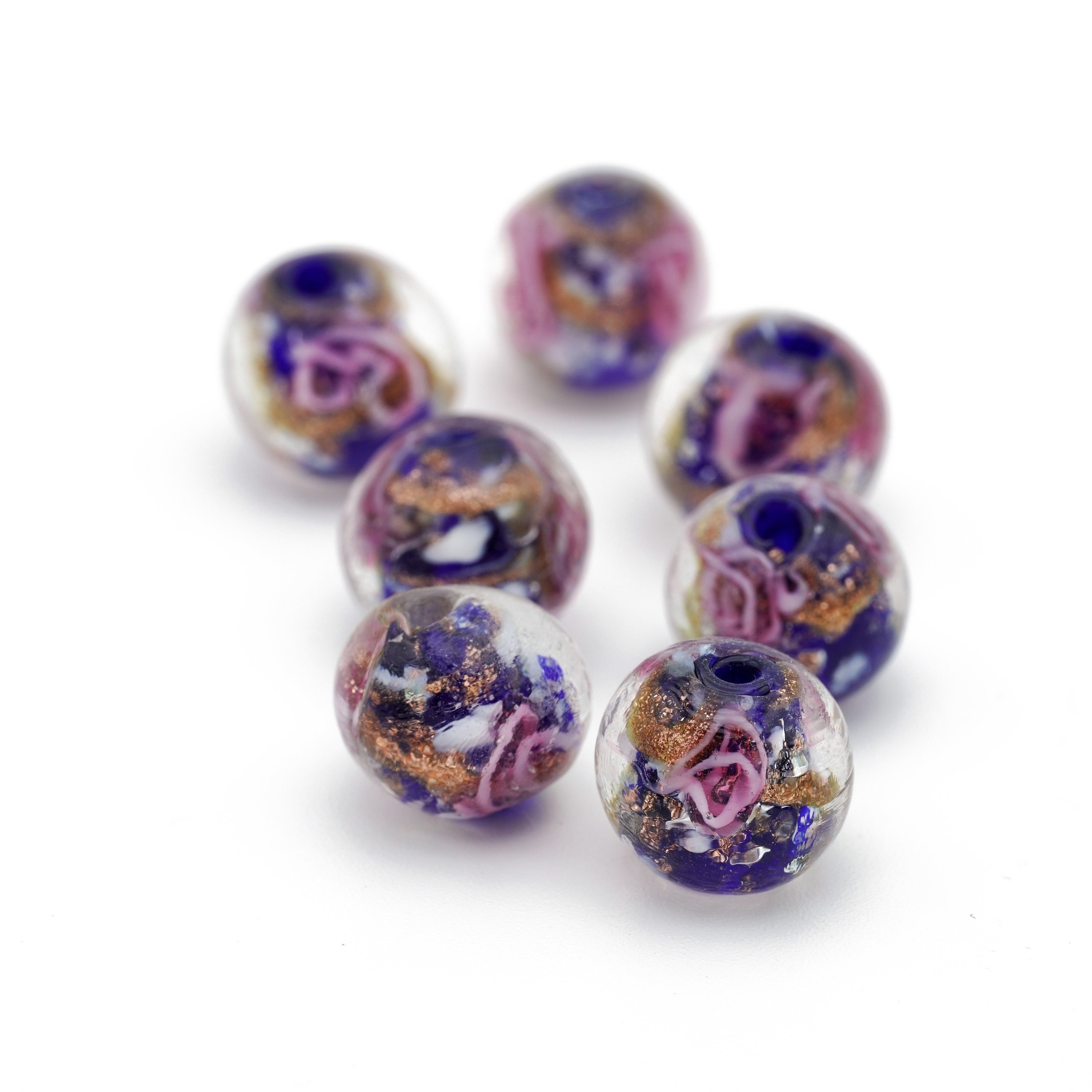 Perle in vetro di Murano scintillanti in oro rosa: perle in vetro di Murano azzurro chiaro, 12 mm, 10 pezzi