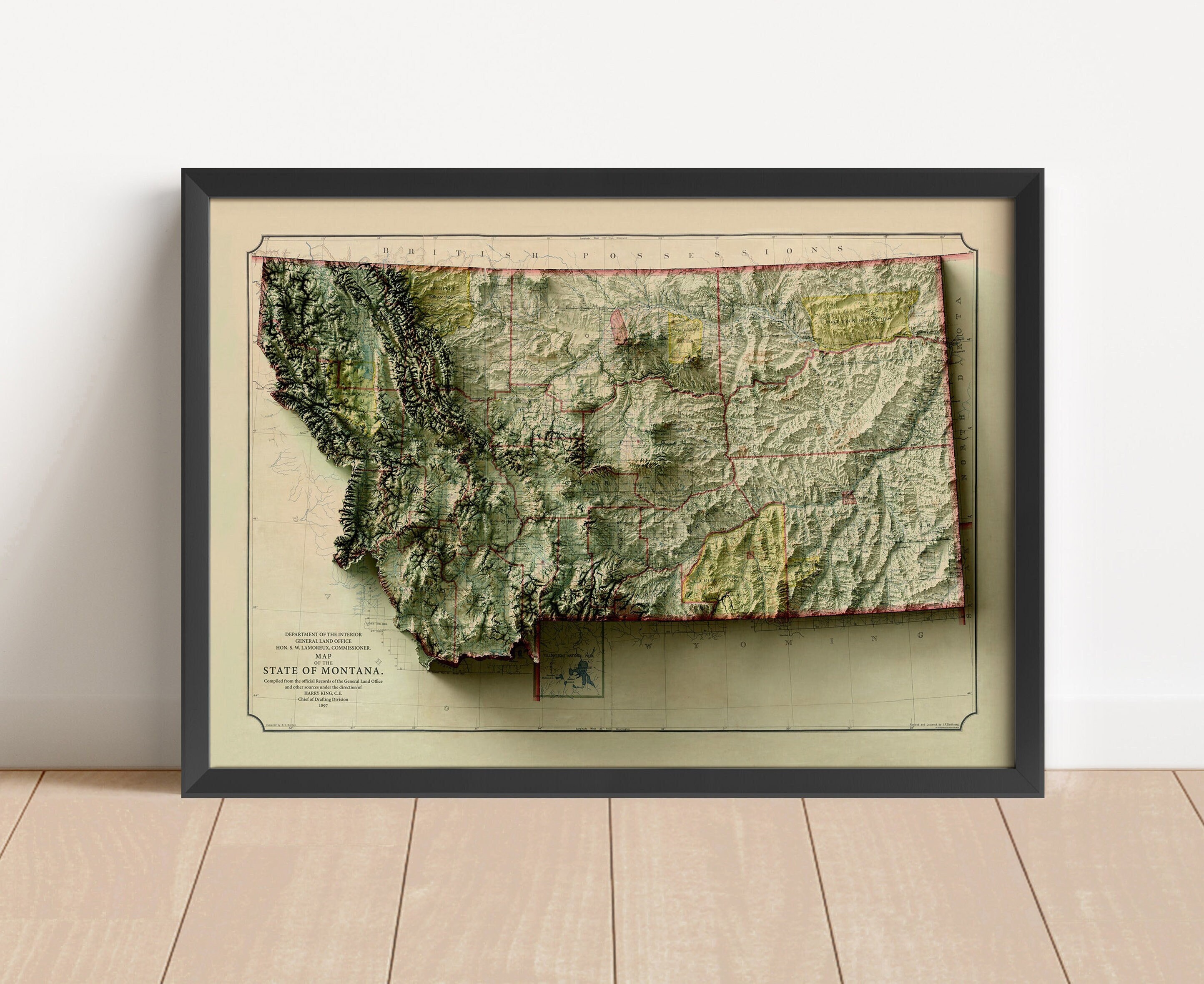 Mappa in rilievo d'epoca del Montana, basata sull'originale del 1897 / Arte murale e arredamento per la casa del Montana / Stampa incorniciata / Mappa