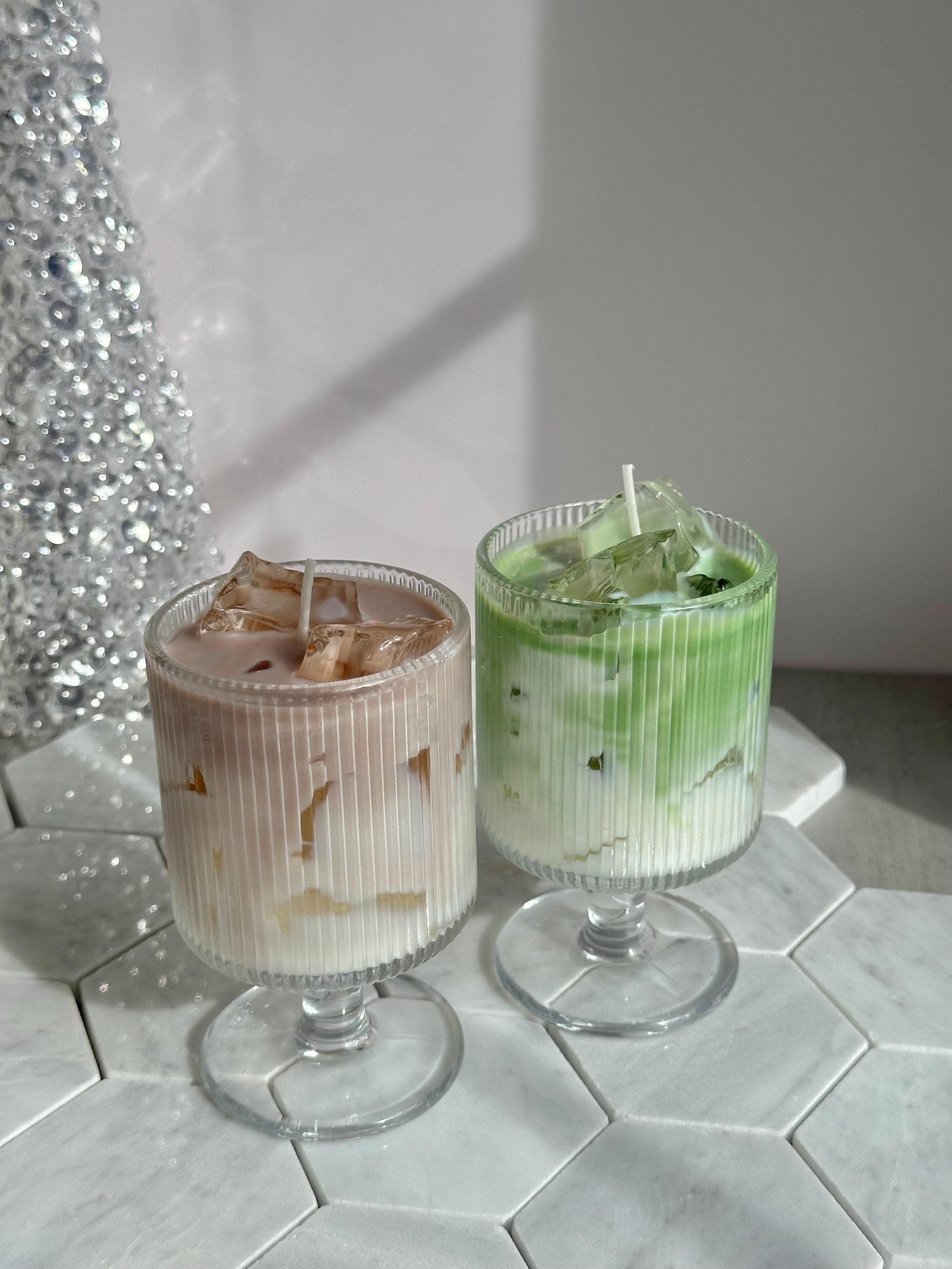 Candele al caffè latte freddo, candele al matcha latte freddo, matcha latte alla fragola, candele profumate alla soia, candele da dessert, regalo per