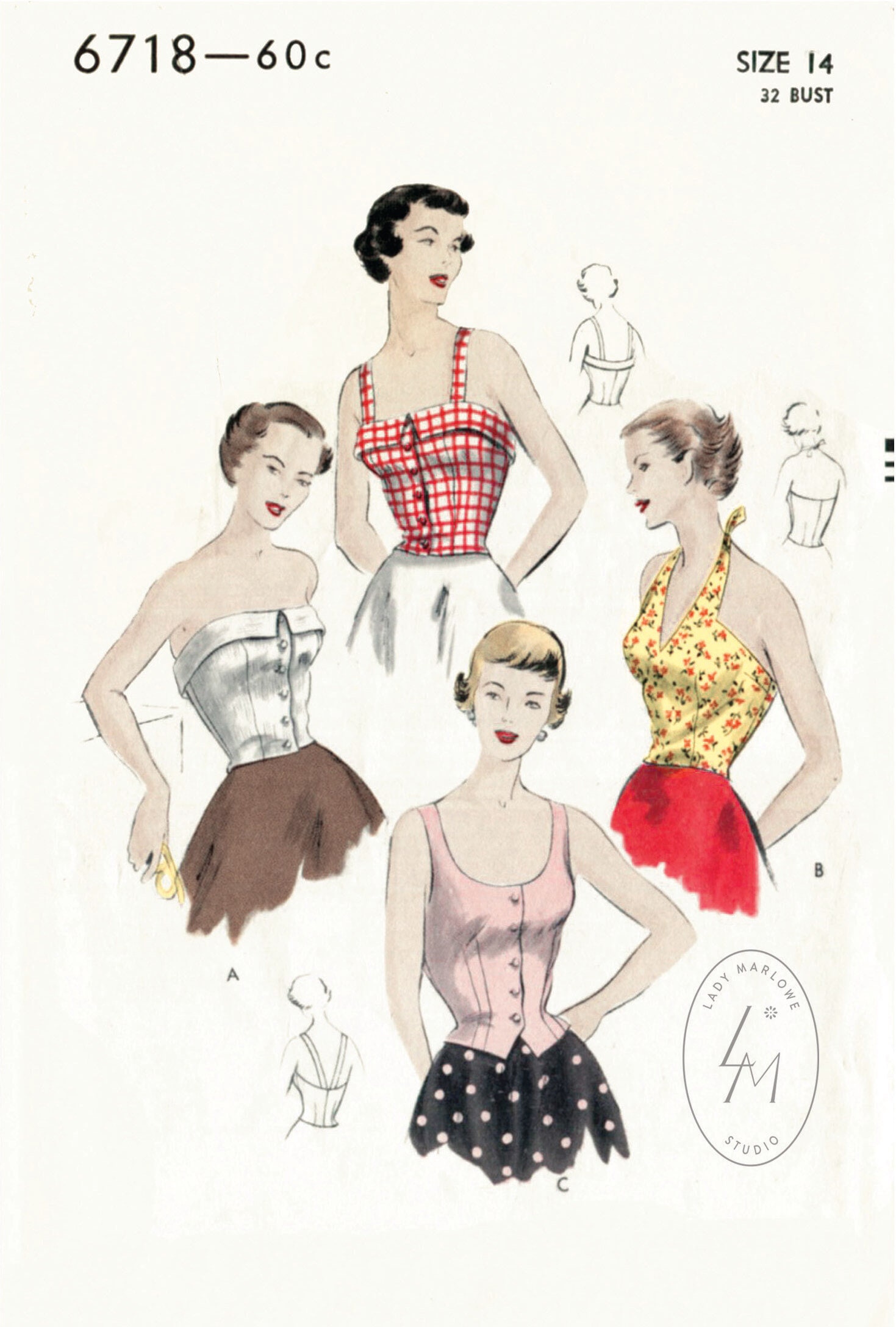 modello di cucito vintage anni '50 top corto anni '50 camicetta con scollo all'americana bustino aderente SCEGLI LA TUA TAGLIA Busto 32 34 36 38