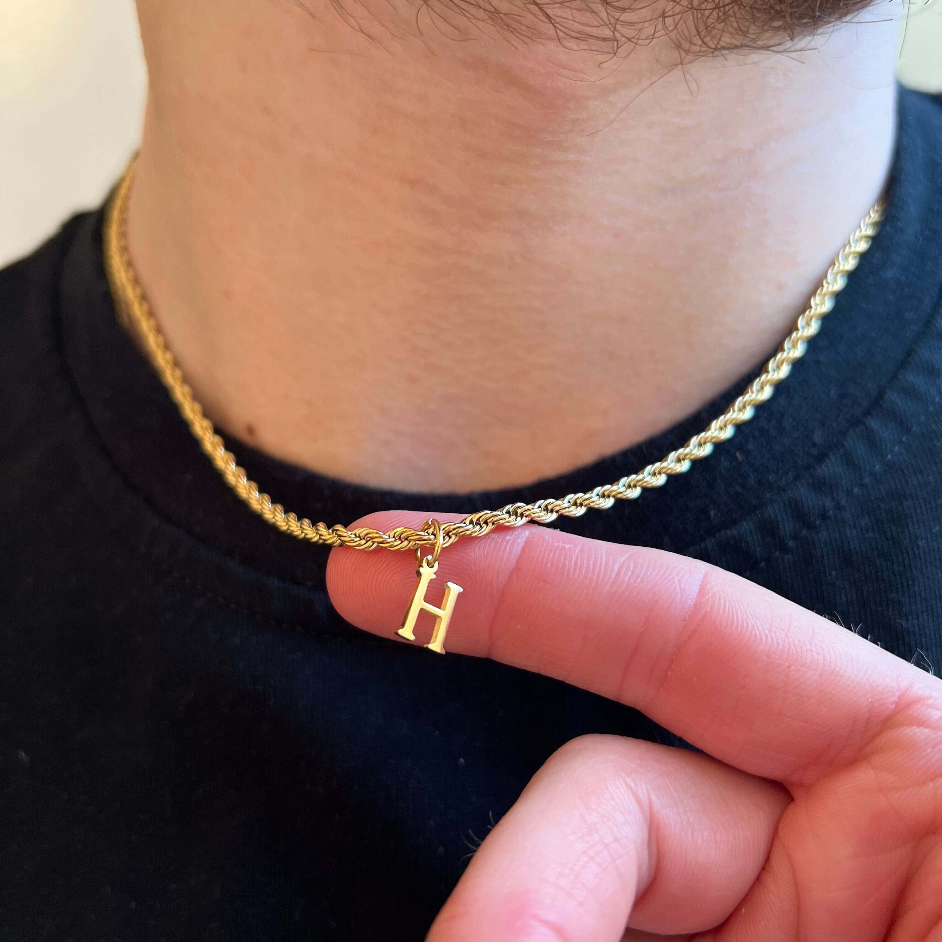 Collana con iniziale in oro 18 carati, collana da uomo con catena a corda e iniziale, catena per collana con iniziale da uomo, collana con iniziale pe