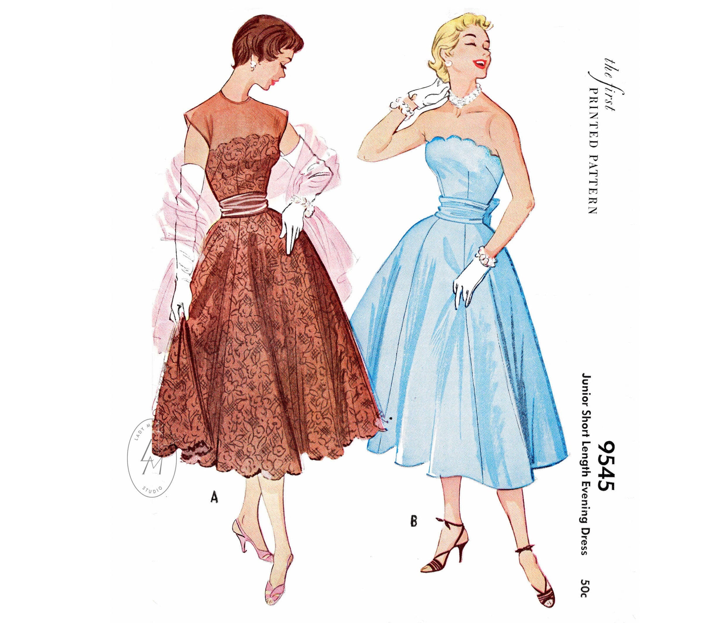 modello di cucito vintage anni '50, riproduzione di abito da cocktail party anni '50 // bordo smerlato // bustier senza spalline // cintura con fiocco