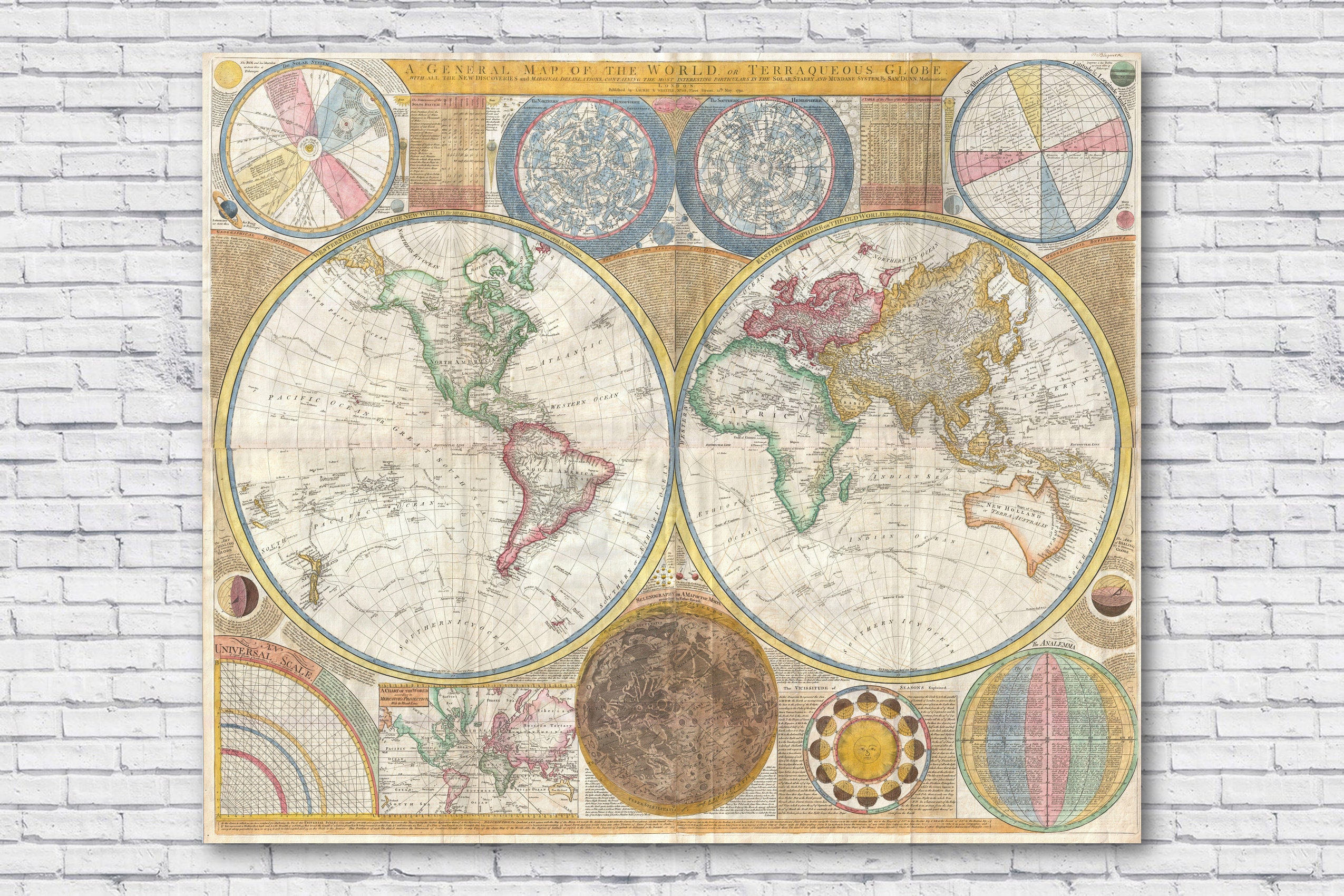 Grande mappa del mondo del 1794, Samuel Dunn, una mappa generale del mondo, mappa del mondo d'epoca, mappa del mondo antico, mappa del mondo antico, p