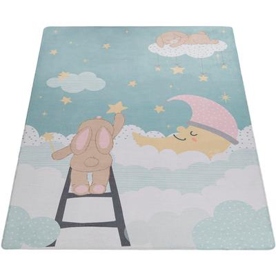 Kinderteppich PACO HOME "Chicos 563", blau (türkis), B:80cm H:4mm L:150cm, Polyester, Teppiche, Flachgewebe, Spielteppich, Motiv Mond, Kinderzimmer Image