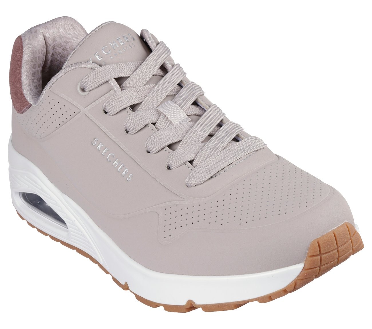 Sneaker SKECHERS "UNO-SUITED ON AIR", Damen, Gr. 44, grau (taupe), Lederimitat, Veloursleder, Schuhe Sneaker, Freizeitschuh, Halbschuh, Schnürschuh mit modischer Keilsohle