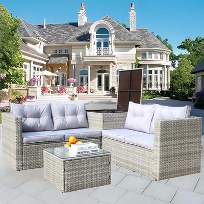 Ergonomically Comfortable,4 Piece Patio Sectional Wicker Rattan Outdoor Furniture Sofa Set with Storage Box Grey