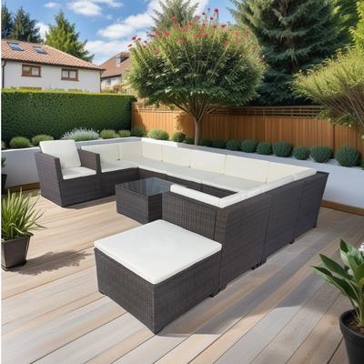 Brown Wicker and White Cushion,11 Piece Patio Conversation Set,10 Seater Patio Sectional Set with 3 Storage Box Under Seat