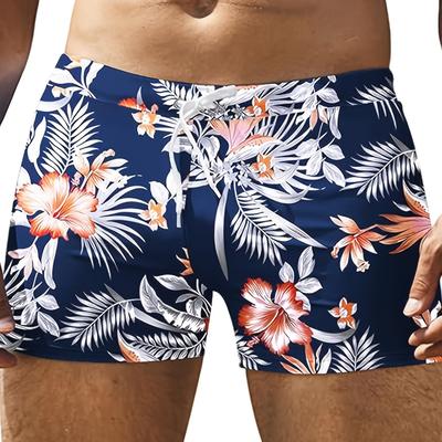 TEMU Oudasi Men's Tropical Floral Print Drawstring Swim Trunks - Stretchy Nylon-elastane , Quick-dry, Fashionable & , Fit Beach Shorts For Adults, Bathing Suits Image