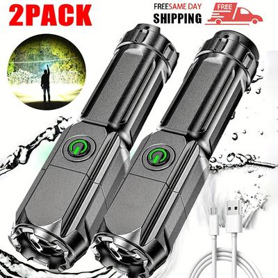 TEMU 2-pack Rechargeable Led Flashlights, Usb Charging, 800mah Lithium Battery, Non-waterproof, Portable Tactical Flashlight With Telescopic Lens, Includes Usb Cable