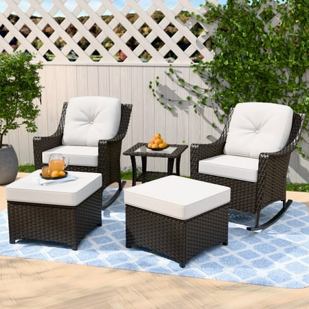 INTER HUT Stone Creek Patio Outdoor 5 Piece Wicker Conversation Rocking Chairs Set Ottomans Side Table Beige Cushions