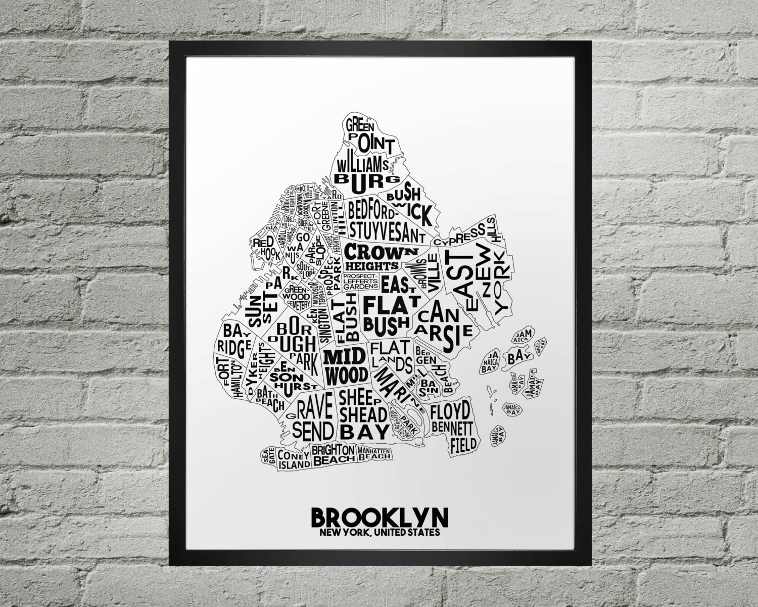 Stampa della mappa della città del quartiere di Brooklyn / Fatto a mano / Mappa di Brooklyn, New York / Stampa di Brooklyn / Arte della mappa di Brook