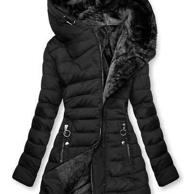 TEMU Zip-up Hoodie Zipper Pockets Puffy Coat, Casual Long Sleeve Fur Lined Warm Coat For Winter, Women's Clothing Image