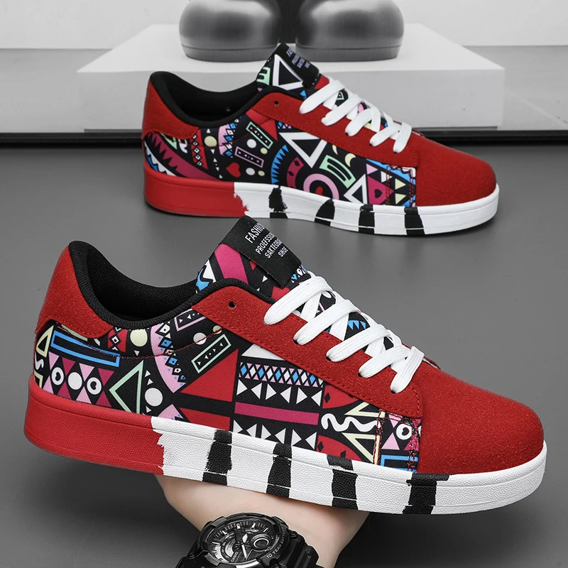 Hochwertige rote vulkanisierte Schuhe für Herren, Unisex, lässige Turnschuhe, Größe 46, modische Graffiti-flache Turnschuhe für Herren, Skateboard-Schuhe
