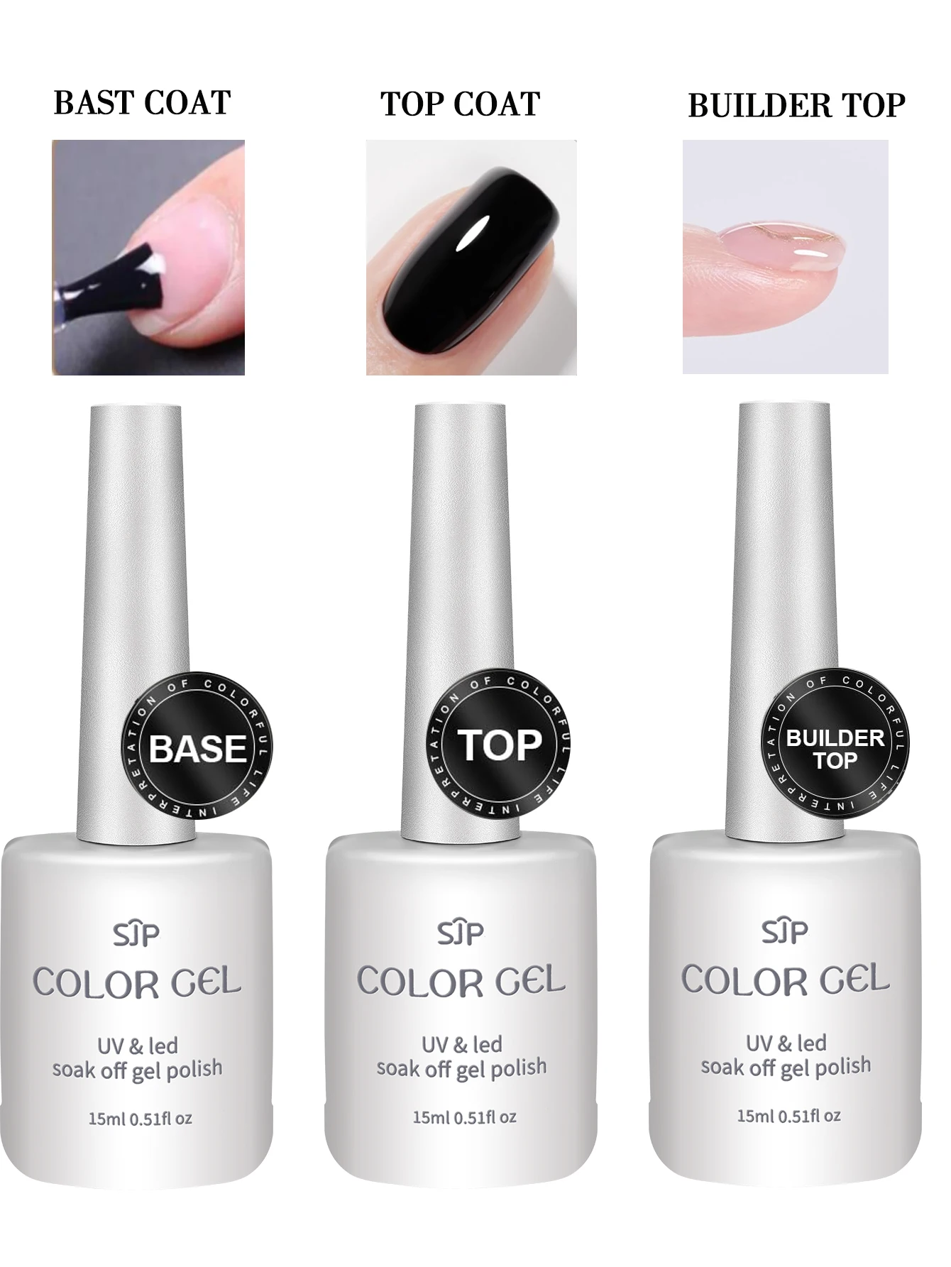 SJP Gel-Top-Coat-Set, Gel-Booster und Basismantel, 1 Stück, 15 ml, kein Abwischen, glänzende, klare Kombination für UV-Lichthärtungs-Gel-Nagellack Image