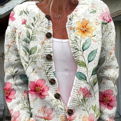 TEMU Build | Women's Floral Print Lightweight Cardigan - Vibrant 3d , Polyester Knit With Button , Round Neck, Long Sleeves