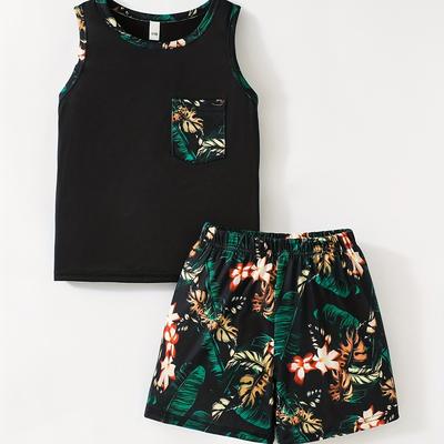 TEMU 2pcs-junior Banana Leaf Pattern Shorts Vest Two-piece Summer New Sports And Leisure Boy Holiday Set