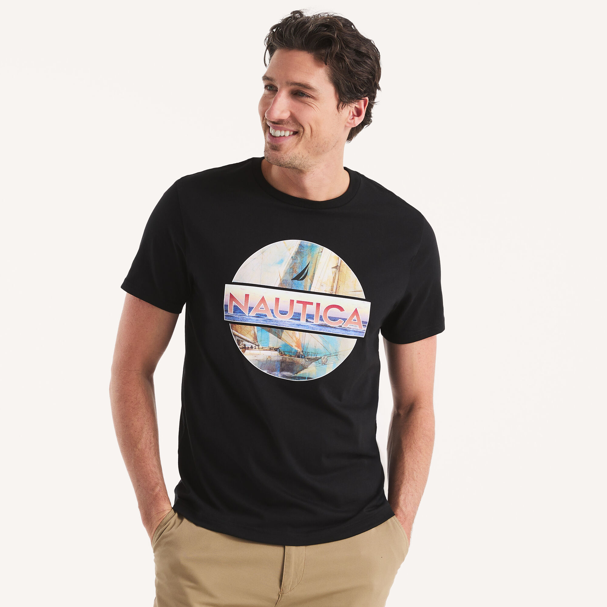 Nautica Men's Ocean Sailboat Graphic T-Shirt 018 (True Black), L