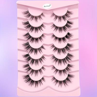 TEMU 7 Pairs Cat Eye Fluffy Faux Mink Eyelashes - Natural Look C Reusable False Lashes Set, 13-15mm Wispy Extensions With Transparent Band For Daily Wear Image