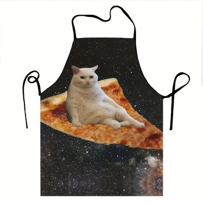 TEMU Size Apron With Cute White Cat & Pizza Print - Durable Polyester, Cooking, Baking, Gardening & Pet Care Image