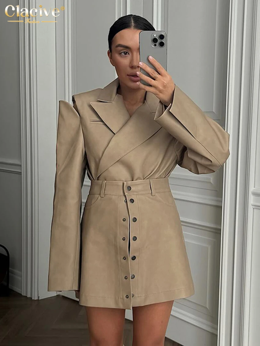 Clacive Mode Lose Khaki Büro frauen Zwei Stücke Set 2025, Elegante Langarm Blazer Mit Hoher Taille Mini Rock set Weibliche Image