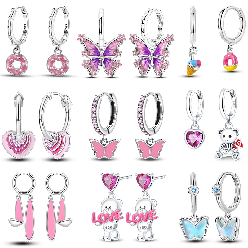 Damen-Ohrringe aus 925er Silber, Teddybär, Kaninchen, Donut, rosa, süßes romantisches, elegantes Design, Ohrringe, Verlobungsfeier, exquisiter Schmuck