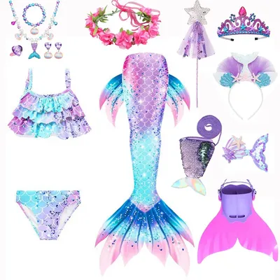 Kinder Meerjungfrau Schwanz zum Schwimmen mit Bikini Badeanzug Zubehör Mädchen Prinzessin Meerjungfrau Strand tragen Party Phantasie Cosplay Kleid Image