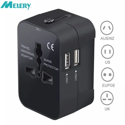 Melery Universal Worldwide All-in-One-Telefonladegerät, Reise-Wand-Netzstecker-Adapter, zwei USB-Ladeanschlüsse für USA, EU, UK, AU Image