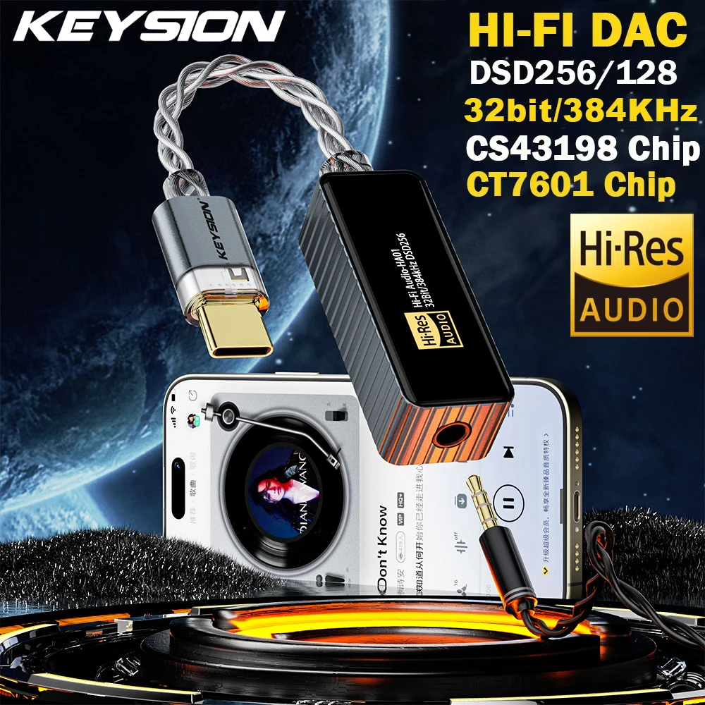KEYSION 384 kHz DSD256 CS43198 + CT7601 USB DAC Audio HiFi Decoder Kopfhörerverstärker Typ-C bis 3,5 mm für iOS Mac Win10 Android Image
