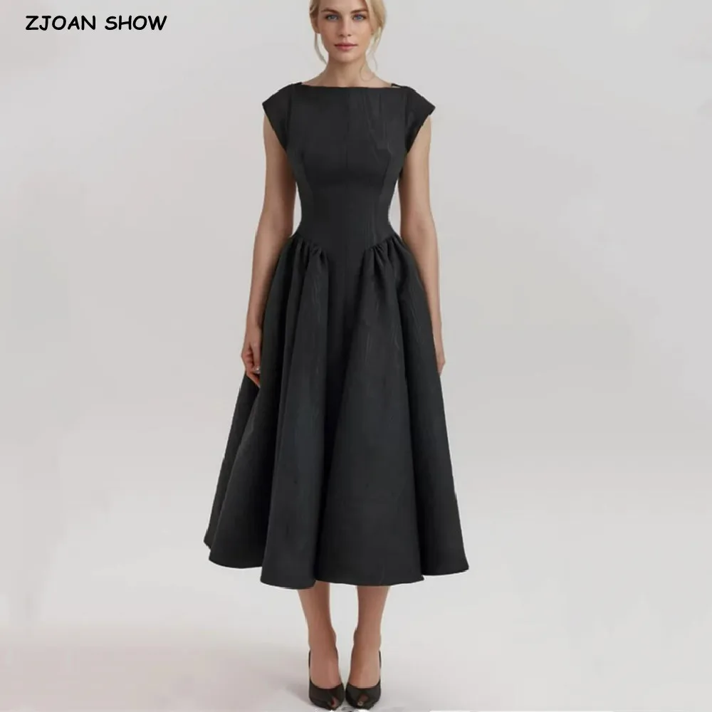 2024 Sexy Slash Kragen Kurzarm Niedrige Taille Midi Kleid Frauen Aushöhlen Zurück Backless Plissee Schaukel A-line Party Robe schwarz