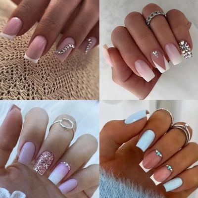 TEMU 96pcs (4 Pack) Short Press On Nails Square Fake Nails Light Gradient Rhinestones Acrylic Nails Press Ons Cute Full Cover Stick Glue On Nails For Women Girls