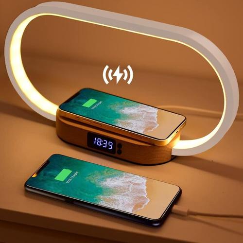 Nachttischlampe mit kabellosem Ladegerät, Touch mit USB-Anschluss, Induktionsladegerät mit Uhr,