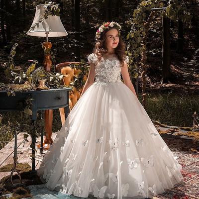 Kids Girls' Flower Girl Dress First Communion Dress Solid Color Sleeveless Long Sleeve Performance Wedding Party Mesh Princess Sweet Mesh Mid-Calf Sheath Dress Tulle Dress Summer Spring Fall kids