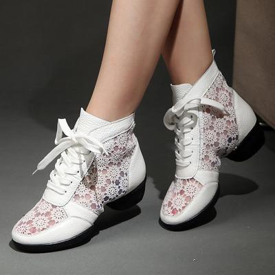 Women's Black and White Lace-Up Dance Boots with Floral Mesh Panels, Breathable Performance Shoes for Latin and Ballroom Dance