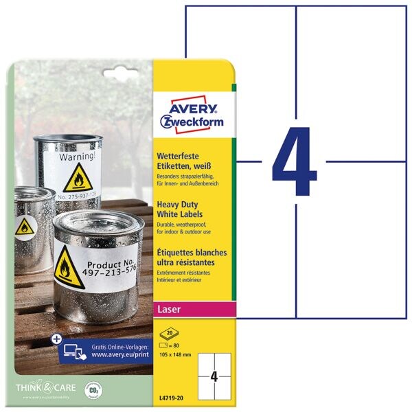 Avery Zweckform 20% AKTION: Wetterfeste Folien-Etiketten 105 x 148 mm »L4719-20« weiß Image