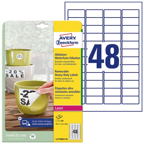 Avery Zweckform Wetterfeste Folien-Etiketten 45,7x21,2 mm »L4778REV-20« wiederablösbar weiß Image