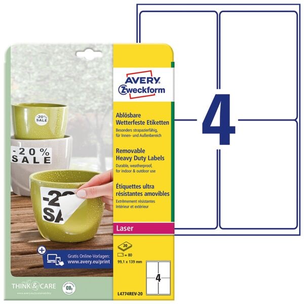 Avery Zweckform Wetterfeste Folien-Etiketten 99,1 x 139 mm »L4774REV-20« weiß Image