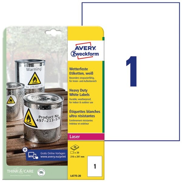 Avery Zweckform 20x wetterfeste Folien-Etiketten 210 x 297 mm »L4775-20 / L6111-20« weiß Image