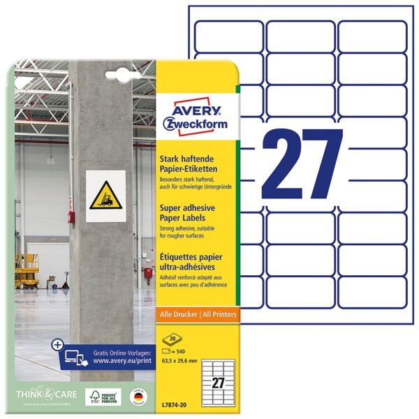 Avery Zweckform 540 Papier-Etiketten stark haftend - 63,5 x 29,6 mm weiß Image