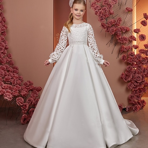 kinderkleidung Mädchen Blumenmädchen Kleid Kleid für die Erstkommunion Feste Farbe Ärmellos Langarm Leistung Hochzeit Party Gitter Prinzessin Süß Gitter Mitte der Wade Etuikleid Tüll-Kleid Sommer Image