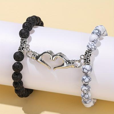 TEMU Pair, Sansango 2pcs Set: Magnetic Heart Couple Bracelets - Natural Stone, Black & White Beads, Valentine's Day & Gifts Image