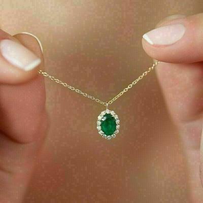 TEMU Beautiful Oval Green Zirconia Pendant Necklace Designed For Women, Bridal Weddings And Jewelry. Image