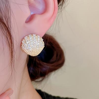 TEMU Luxurious Rhinestone Pave Sparkling Shell Shaped Stud Earrings, Cute Accessory For Women, Party & Image