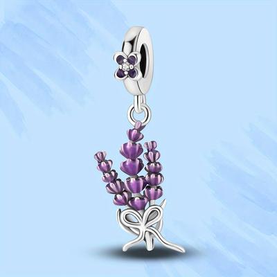 TEMU 925 Silver Plated Romantic Lavender Charm Bead, Vacation & Style Flower Theme, Synthetic Zirconia, Copper Base, Ideal For Gifts And Parties, Fits All - Valentine's Day Appropriate Image