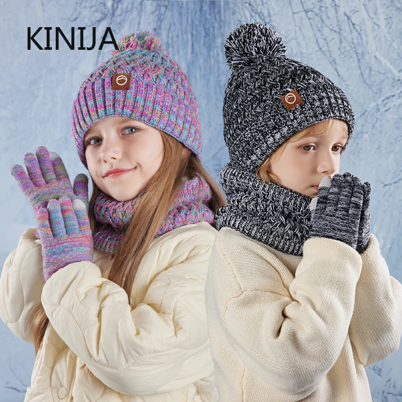 3Pcs Kinder Winter Beanie Hut Schal Handschuhe Set Kinder Plüsch Futter Warme Gestrickte Hut Nicht Slip Handschuhe Outdoor Hals winddicht Image