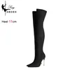 Damenschuhe, schwarz, Herbst und Winter, lange Stiefel für Damen, elastisches Wildleder, High Heels, große Größe 46, spitze Zehen-Overknee-Stiefel