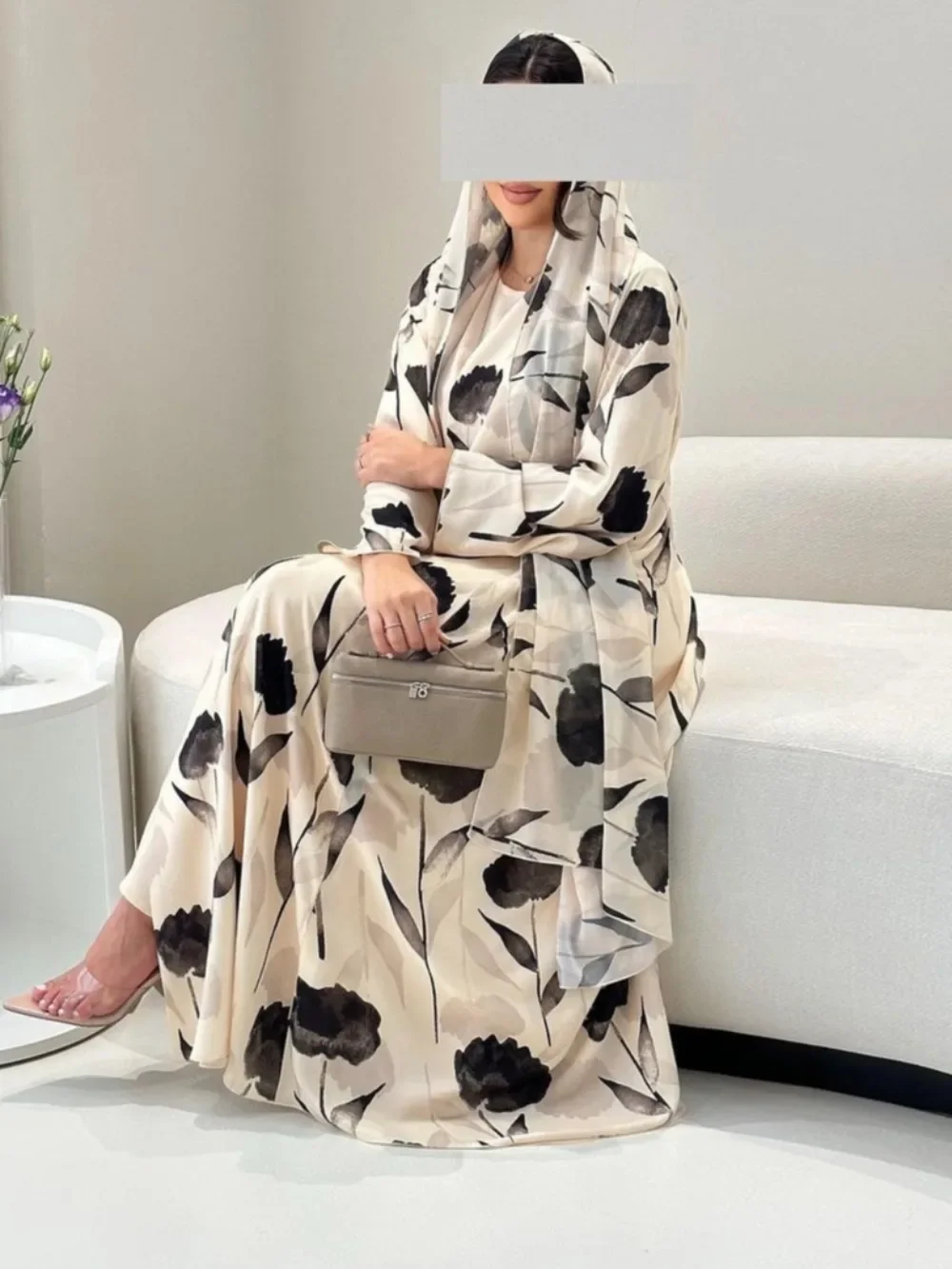 Eid muslimische abaya für frauen kleid druck chiffon abayas mit schal arabisch dubai cardigan party kleider vestidos lange robe jalabiya Image