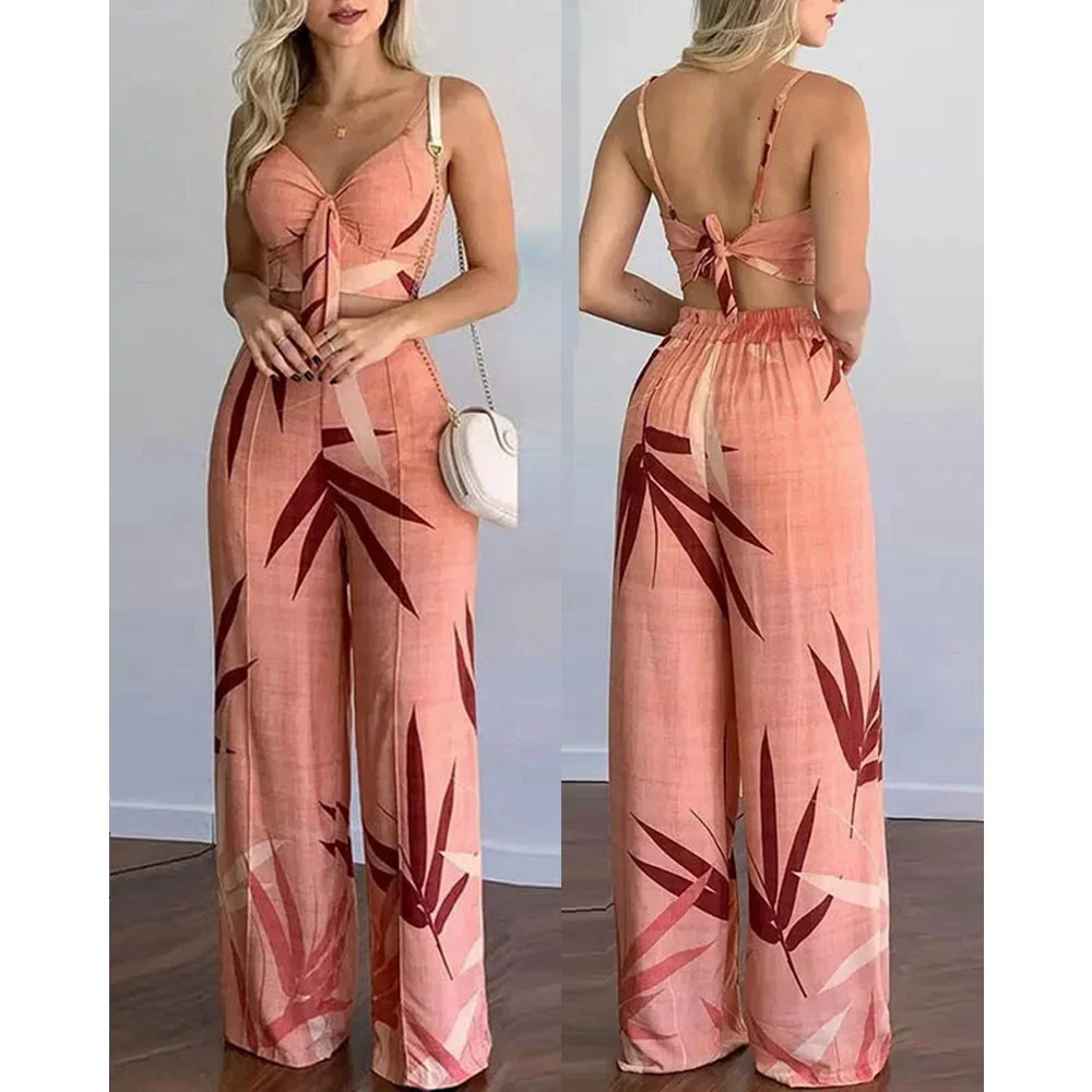 Sommer Frauen Tropical Print Spaghetti Strap Casual Lace up Zurück Top & Hohe Taille Hosen Set 2 Stück Anzug Sets 2023 frau Kleidung Image