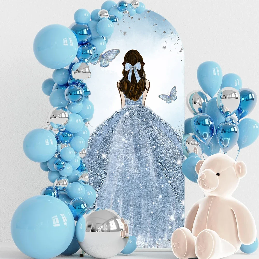 Quinceanera Girl15th Birthday Party Bogen Hintergrund Glitzer Prinzessin Kleid Schmetterling Hintergrund Hochzeit Baby Show Fotostudio Image