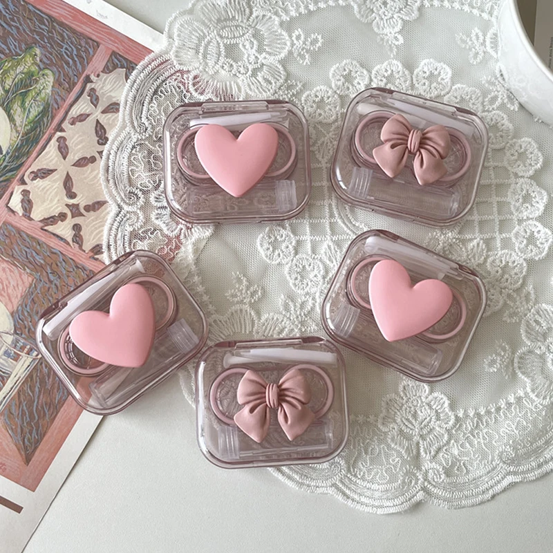Étuis à lentilles de Contact rose Transparent Love Bow étui à lentilles de Contact fille Portable beauté élève boîte de stockage soins oculaires conteneur boîte